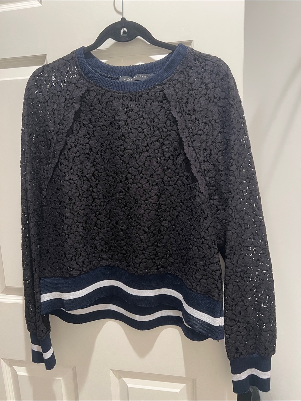 Zara Navy Lace Pullover Sweatshirt with Striped Hem